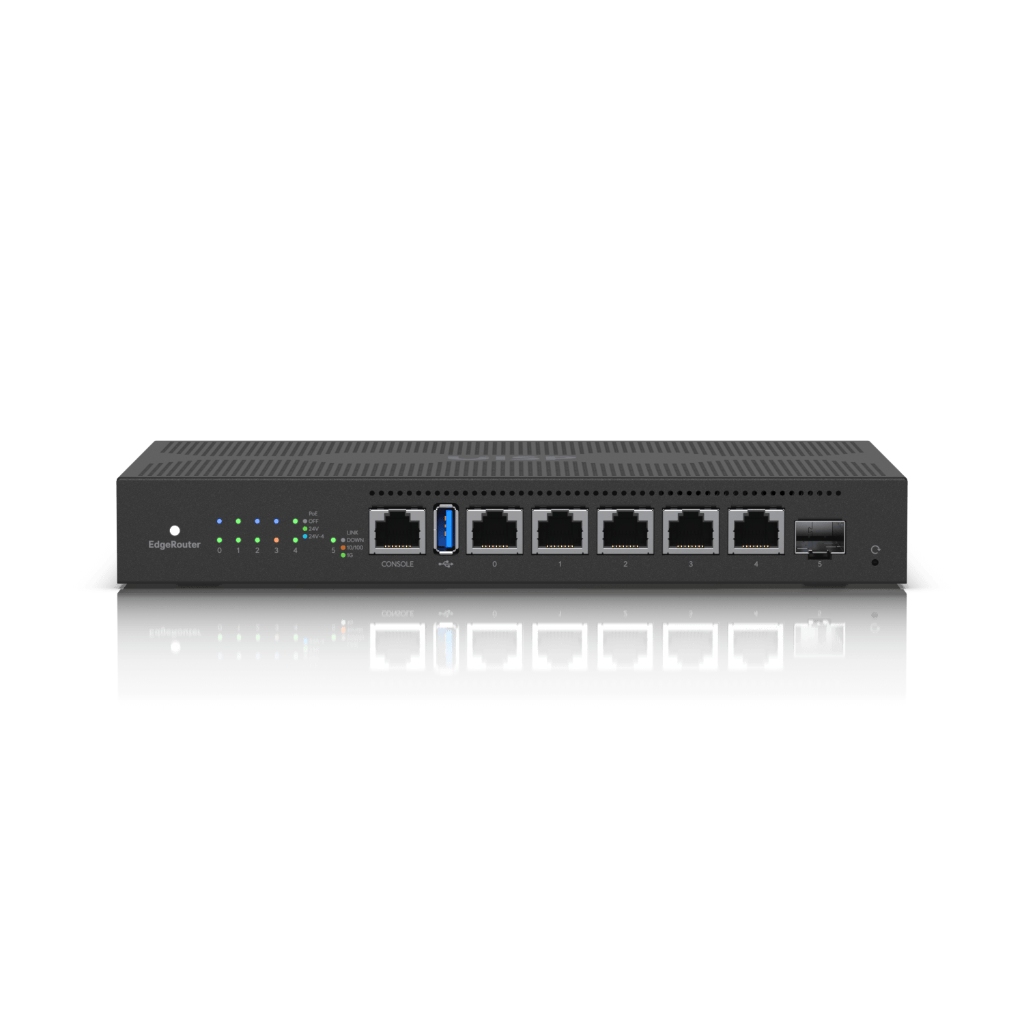 UBNT EdgeRouter 6 PoE (ER-6P) - 5 Port Gigabit RJ45, SFP Port ve 24V Pasif PoE Destekli Fansız Router