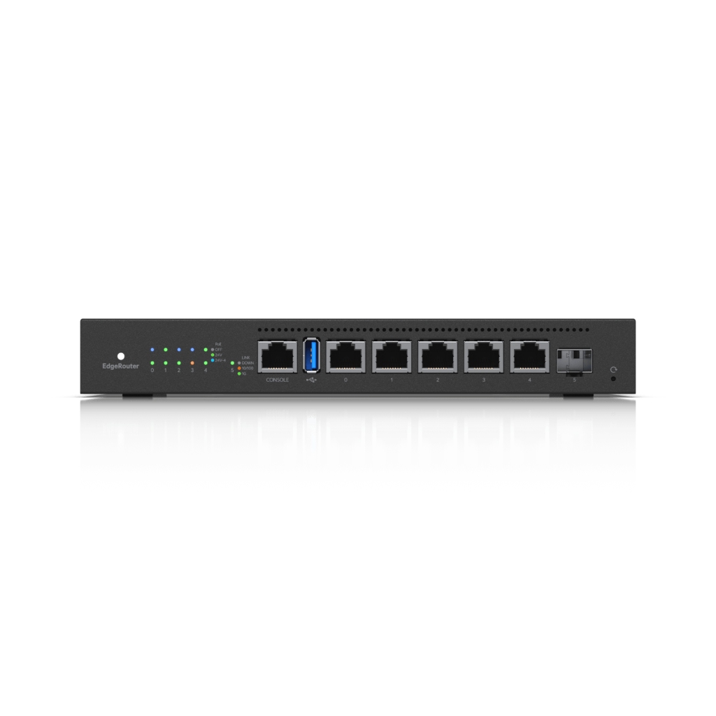 UBNT EdgeRouter 6 PoE (ER-6P) - 5 Port Gigabit RJ45, SFP Port ve 24V Pasif PoE Destekli Fansız Router