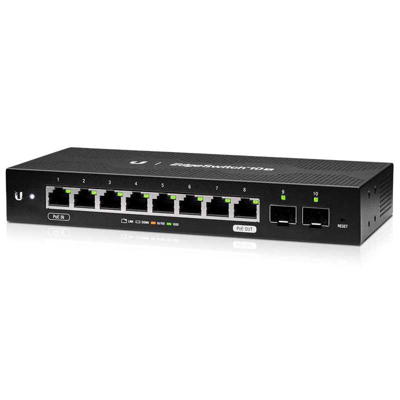 UBNT EdgeSwitch 10X (ES-10X) – 8 Gigabit RJ45, 2 SFP Portlu, 24V Pasif PoE Passthrough Destekli Ekonomik WISP Switch